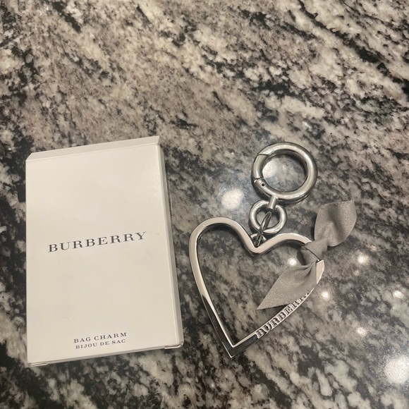 Burberry Accessories - Burberry Silver Heart Keychain with Gray Ribbon and Box